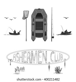 inflatable boats for fishing, hunting and recreation

rubber boat. landing net and spinning near baubles, and hooks. vector illustration .