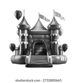 Castillo inflable del rebote en estilo blanco y negro del semitono. Parque infantil con torres y globos, divertida atracción de diversión para fiesta, celebración, infancia o diseño de entretenimiento.