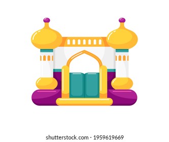 Inflatable bouncy castle for kids summer games on playground. Children's trampoline with arabic palace design. Vector colorful flat illustration isolated on white background