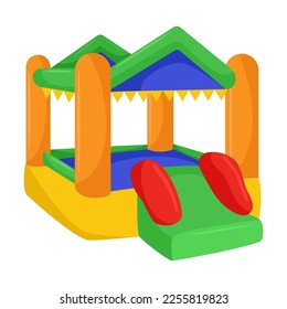 Inflatable bouncy castle for kids vector illustration. Cartoon drawing of inflated trampoline with slide, playground or park equipment for jumping. Childhood, entertainment concept