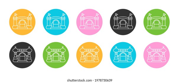 Inflatable bouncy castles for kids summer games on playground. Children's trampolines with Arabic and medieval European design. Set of vector colorful outline icons.