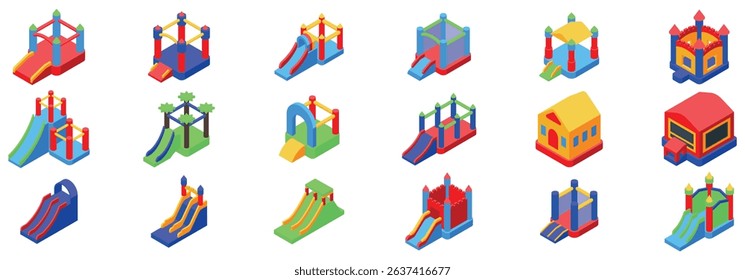 Inflatable bouncy house icons set. Colorful isometric set of inflatable bouncy castles and slides, perfect for children s parties and outdoor events, ensuring fun and entertainment