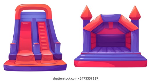 Inflatable bouncy house set isolated on white background. Vector cartoon illustration of inflated toy castle with stairs, slide for kids fun, themed entertainment park equipment front and inside view