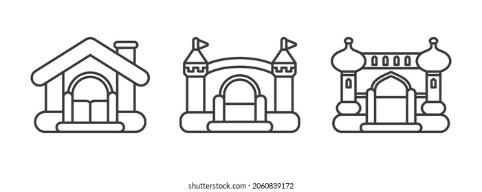 Inflatable bouncy houses for games on playgrounds or indoor. Children's trampolines with Arabic and medieval European design. Outline icons set. Vector illustrations isolated on white background