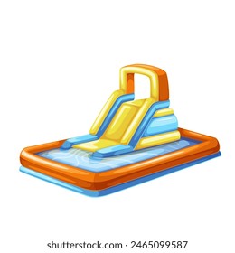 Inflatable bouncy slide with cartoon rectangular swimming pool. Waterslide trampoline and chute from balloon pipes, amusement park and playground mascot, cartoon inflated slide vector illustration