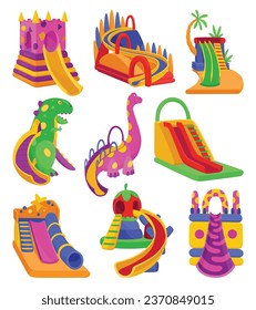 Inflatable bouncy slide icon set. Bright and fun playground for childhood activity in the park. Summer amusement activity space. Equipment for kids, vector illustration