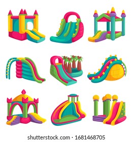 Inflatable bright castle fun for playground set. Childhood activity in the park. Vector inflatable slides cartoon illustration isolated on white background