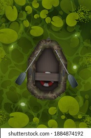 An inflatable camouflage boat floats through a swamp with water lily leaves, top view. Landscape of a green river or ocher surface with aquatic plants. Vector cartoon style