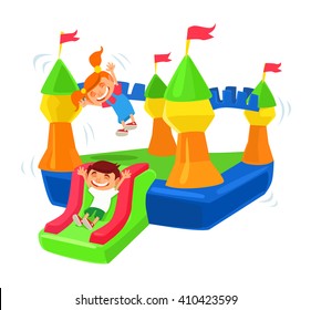 Inflatable castle trampoline. Vector flat cartoon illustration