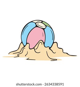 Inflatable children's ball in the sand. Relaxation on the beach. Vector illustration isolated on a white background for print, icons, stickers