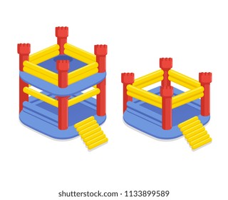 Inflatable children's castle with a trampoline. Set for games on the inflatable platform. Game summer equipment.