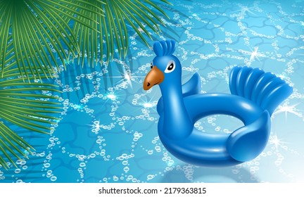 Inflatable circle Blue plate, peacock. Summer holiday banner by the pool water. Palm leaves with shadow. Realistic 3D illustration. Vector.