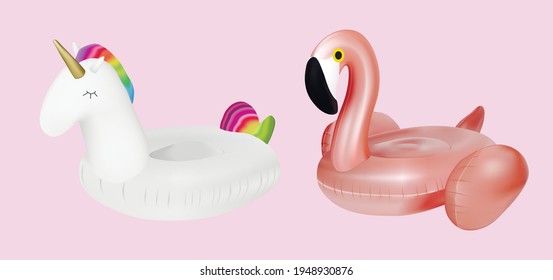 
inflatable circle flamingo and unicorn. inflatable swimming ring fashionable. pink and white unicorn