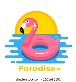 The inflatable circle of flamingos on the background of the sunset and stylized ocean. the concept of vacation and travel. flat vector illustration isolated on white background