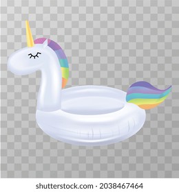 Inflatable circle in form of unicorn. Realistic sticker with mythical creature with colorful hair. Accessories for swimming in pool. 3D modern vector illustration isolated on transparent background