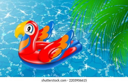 Inflatable circle red bright parrot. Summer holiday banner by the water in the pool. Palm leaves with shadow. Realistic 3D illustration. Vector.