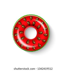  Inflatable circle in shape of a piece of watermelon with shadow isolated on white.  Realistic summertime illustration. Vector template for your summertime design. 