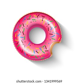  Inflatable circle in shape of pink doughnut with shadow isolated on white.  Realistic summertime illustration. Vector template for your summertime design. 