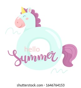 Inflatable circle unicorn with calligraphic text. Hello Summer, calligraphy. Vector illustration in cartoon flat style.