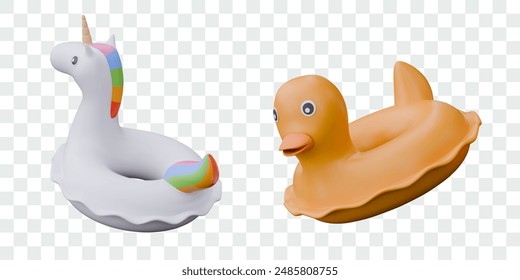 Inflatable circle unicorn, duck. Set of children toys for water games