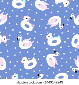 Inflatable circles. Pool flamingo and horse. Summer time pattern