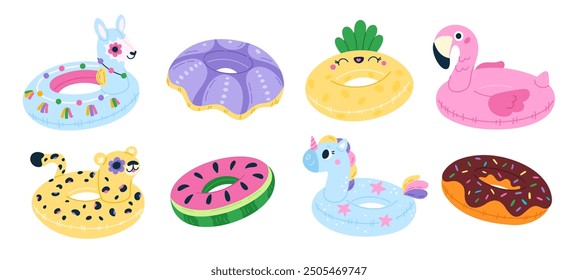 Inflatable circles. Rubber swimming rings. Cartoon color pool toys. Summer sea holiday vacation. Inflated llama and unicorn. Flamingo lifebuoy. Donut and leopard shapes