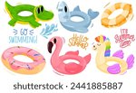 Inflatable circles swimming rings set. Summer pool rubber rings. Flamingo, donuts, rainbow unicorn, crocodile and shark. Inflatable rubber toy for water and beach. Vector hand draw illustration 
