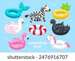 Inflatable circles swimming rings set. Summer pool rubber rings. Flamingo, mermaid, zebra, pineapple, swan, unicorn. Inflatable rubber toy for water and beach. Vector hand draw illustration