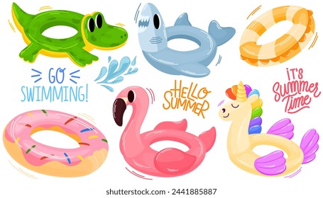 Inflatable circles swimming rings set. Summer pool rubber rings. Flamingo, donuts, rainbow unicorn, crocodile and shark. Inflatable rubber toy for water and beach. Vector hand draw illustration 