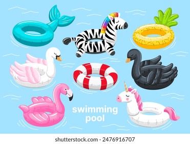 Inflatable circles swimming rings set. Summer pool rubber rings. Flamingo, mermaid, zebra, pineapple, swan, unicorn. Inflatable rubber toy for water and beach. Vector hand draw illustration