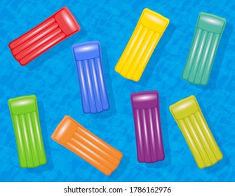 Inflatable colorful air mattresses floating in a blue water pool. symbol for summer fun, group travel or young and friendly vacation destinations. Vector illustration.

