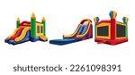 Inflatable colorful castes for kids vector illustrations set. Cartoon drawings of inflated bouncy trampolines with slides, playground or park equipment for jumping. Childhood, entertainment concept