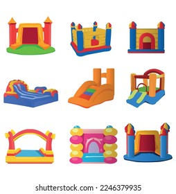 Inflatable colorful castes for kids vector illustrations set. Cartoon drawings of inflated bouncy trampolines with slides, playground or park equipment for jumping. Childhood, entertainment concept.