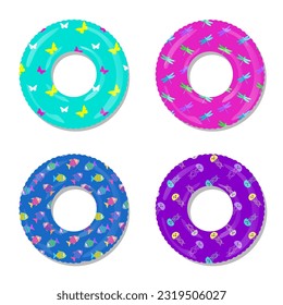 Inflatable colorful swim ring set with animal patterns. lifebuoys or lifesavers. Vector design.
