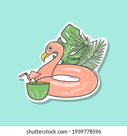 Inflatable cute pool toy. Rubber inflatable flamingo drinks cocktail. Cartoon style drawing. Applicable for summer party, vacation, holidays banners design. Funny rubber pool toy. Vector illustration