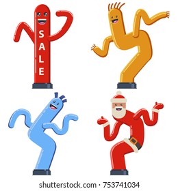 Inflatable Dancing Tube Man Vector Cartoon Flat Set. Wacky Waving Air Hand Icons For Sales And Advertising.