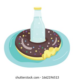 Inflatable donut cartoon vector illustration. Fun air mattress to hold drinks. Pool party item. Mineral water in glass bottle flat color object. Refreshing liquid isolated on white background