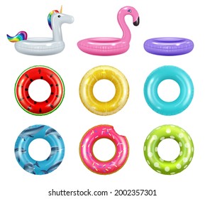 Aufblasbare Donuts. Sicherheitsgummiringe Spielzeugroinge für Schwimmbadfarben Donuts menschenwürdige Vektorrealbilder einzeln