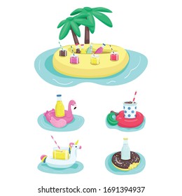 Inflatable drink holders flat color vector objects set. Donut rubber mattress. Soda in bottle. Lemonade in glass cup. Cocktails for pool party 2D isolated cartoon illustrations on white background