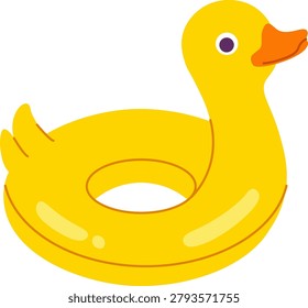 Inflatable duck swim ring with glossy highlights and friendly eye in a clean cartoon style. Symbol of safety, summer fun, pool leisure for kid and family water activity. Cartoon vector illustration.