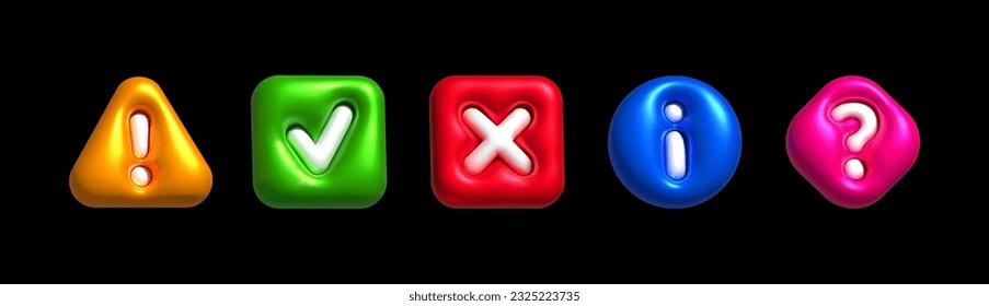 Inflatable exclamation, check mark, question mark, caution, cross 3d color sign. Realistic inflated 3D symbol icon with the plasticine effect. Vector illustration