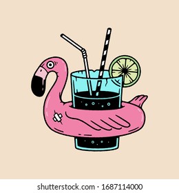 INFLATABLE FLAMINGO WITH COCKTAIL COLOR WHITE BACKGROUND