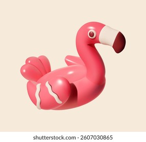 Inflatable flamingo float for swimming pool. 3D cartoon object on beige background. Summer vacation and pool party concept.
