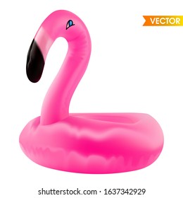 Inflatable flamingo pool toy. Tropical pink realistic bird isolated on white background. Float flamingo.