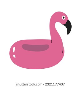 Inflatable flamingo ring for swimming in pool.Flat hand-drawn decoration, pink rubber circle for enjoying vacation floating on water. Isolated. Vector illustration