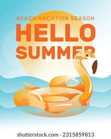 inflatable flamingo swims on the waves against the background of the setting sun. Concept of sea rest, cruise, vacation, beach party. Gradient, vector illustration
