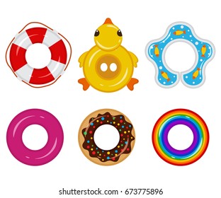 Inflatable float rubber ring for children and adults, for swimming pools, the sea, oceans, rivers, lakes. Life buoy icon top view. Vector set different elements for your design isolated on background.
