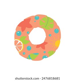 Inflatable Floating Ring for Swimming. Flat vector illustration isolated on white background. Beach Rubber Lifebuoy with Tropical ornaments for Pool. Summer lifesaver, rescue tube. Cartoon Graphic