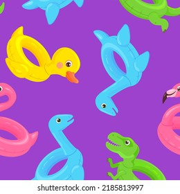 Inflatable floats seamless pattern. Vector cartoon flat summer icons on purple background. Swimming pool toy. Cute illustration of plesiosaur, t-rex, flamingo and duck.