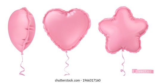 Inflatable foil balloons. Star, heart. Holiday decorations 3d realistic vector object set